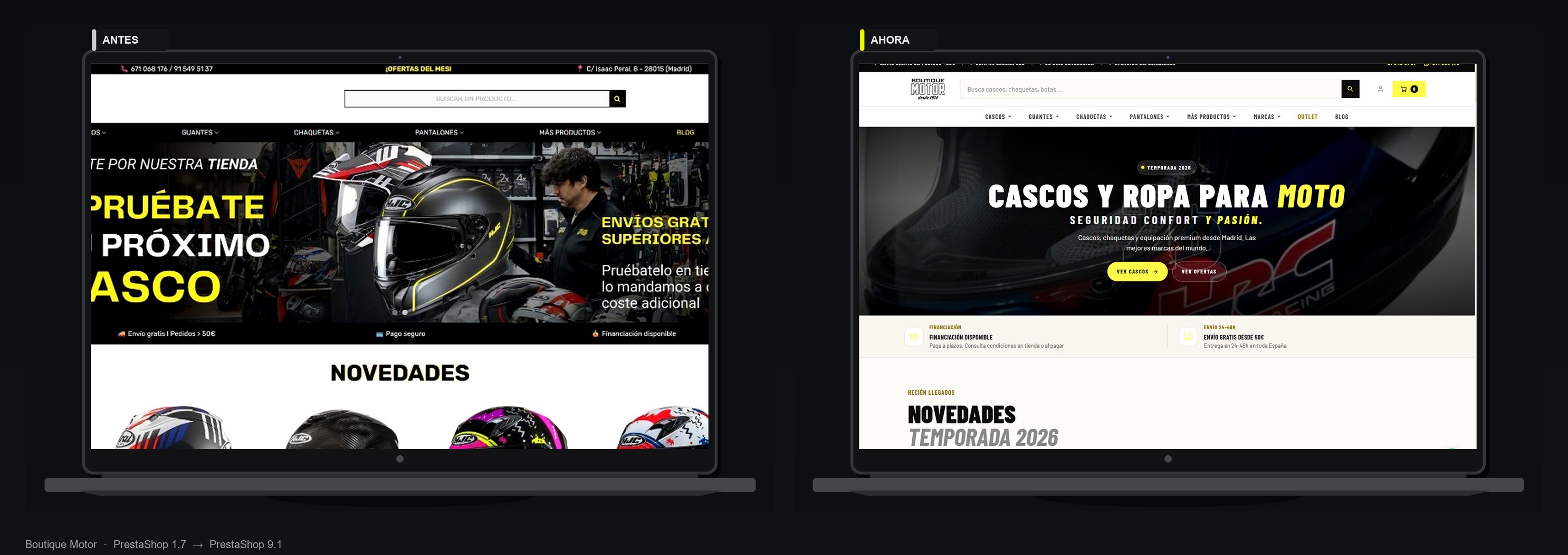 Boutique Motor antes y ahora en MacBook: PrestaShop 1.7 frente a PrestaShop 9