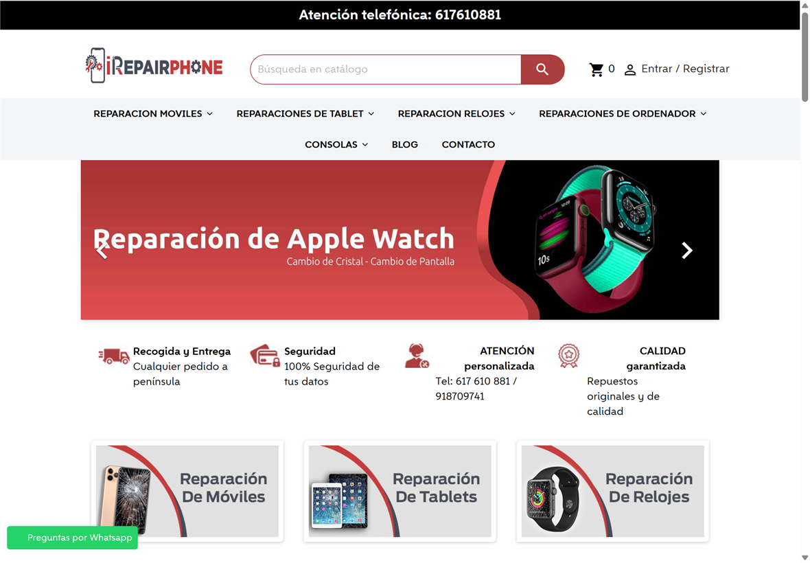iRepairPhone irepairphone.es — tienda PrestaShop de reparación de móviles, tablets y relojes en Madrid