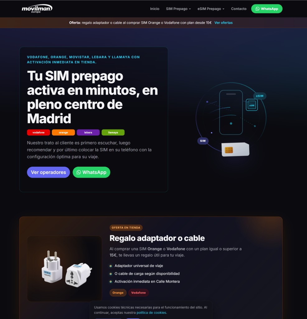 Movilman Europa movilmaneuropa.es — SIM, eSIM y accesorios móviles en Puerta del Sol, Madrid