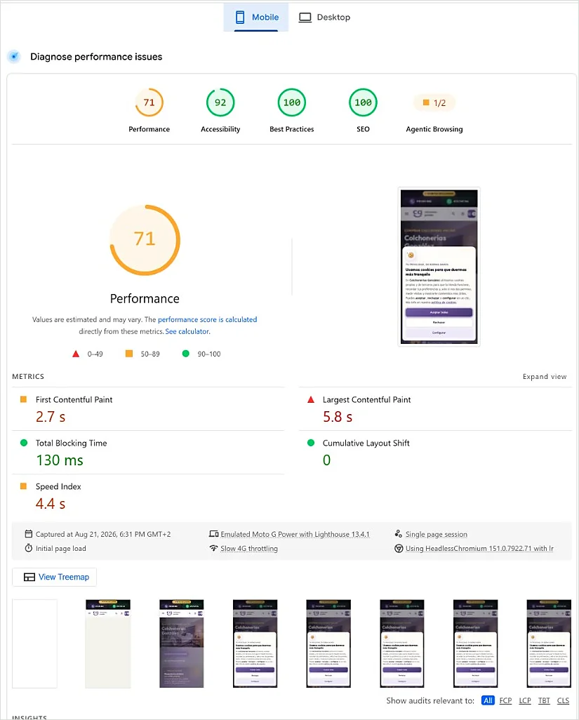 Mobile PageSpeed Insights PrestaShop before optimisation